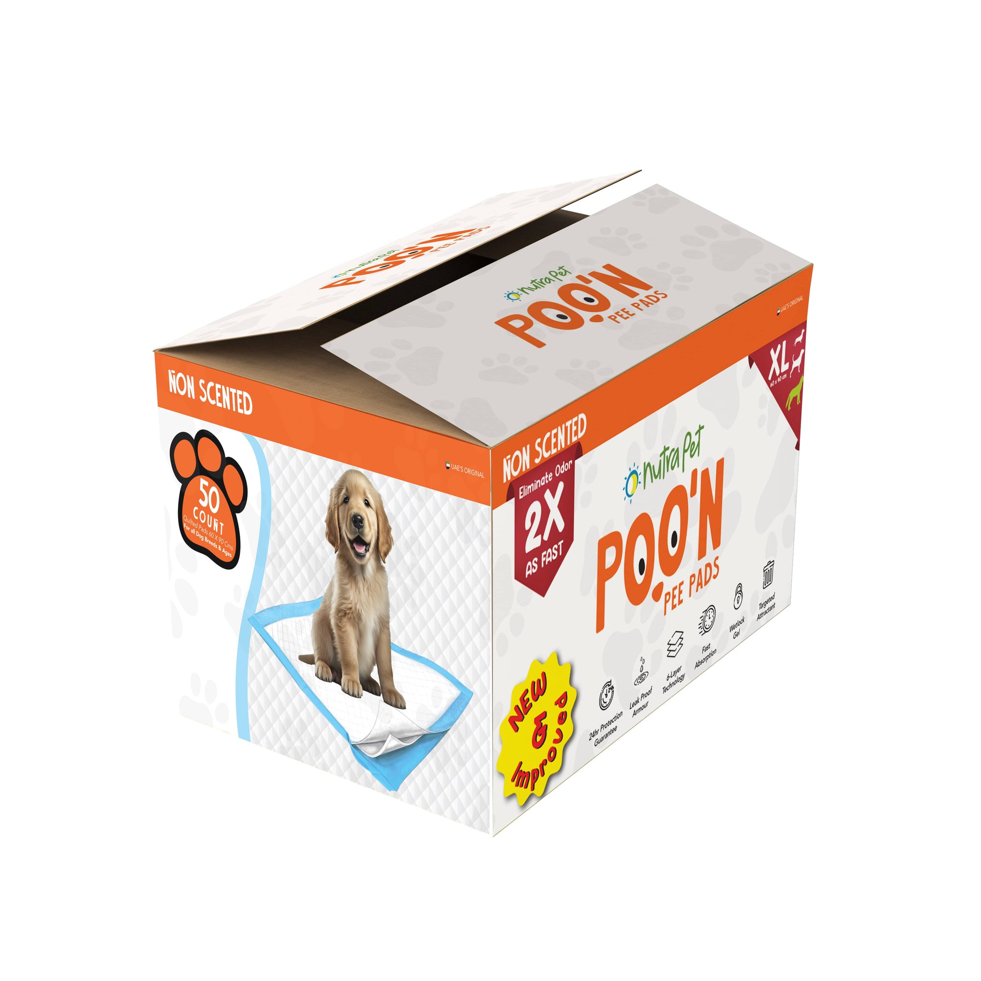 NutraPet Poo N Pee Pads XL Non-Scented - Fast Absorption With Floor Mat Stickers (60x90cms) - 50 Count Puppy Pads