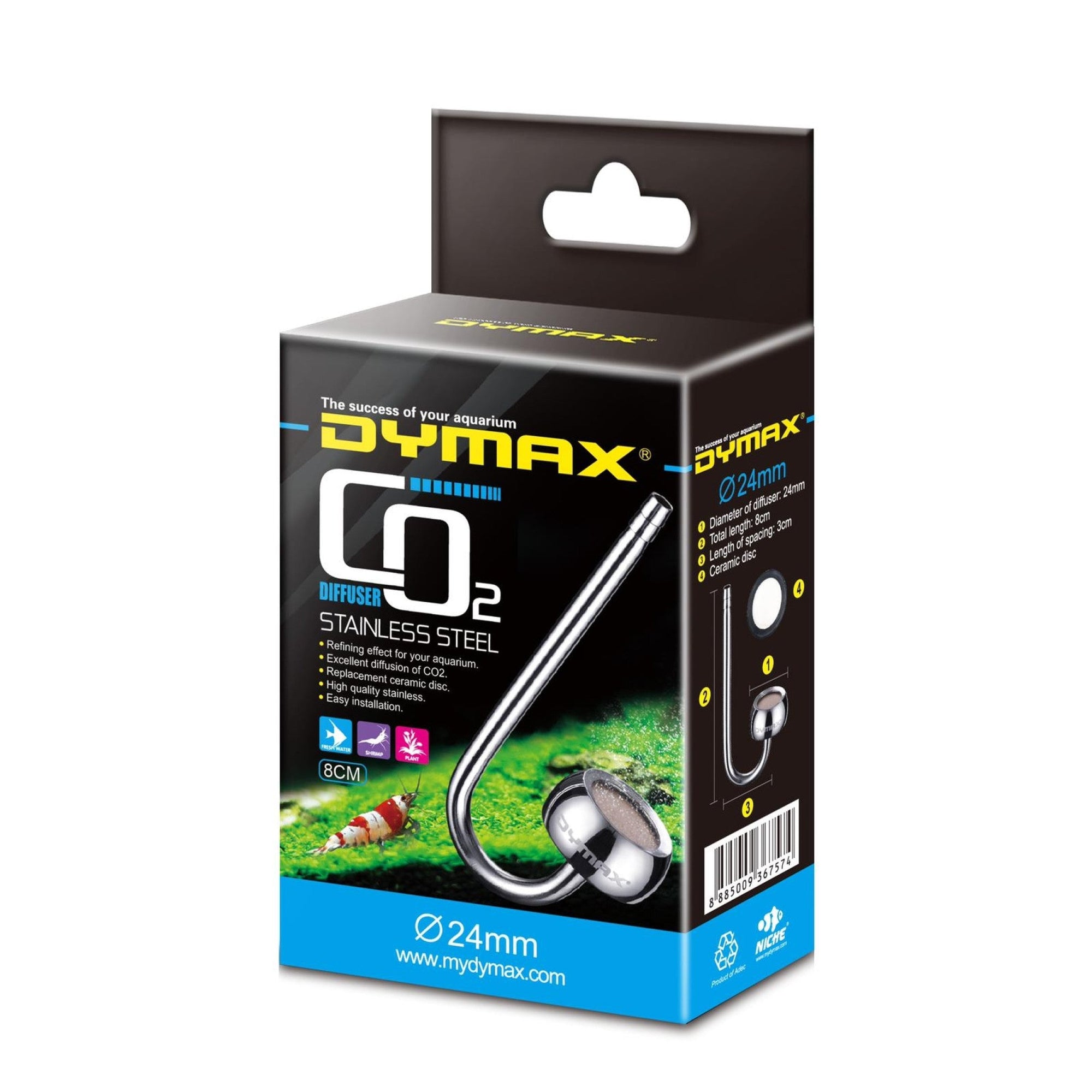 Dymax Stainless Steel CO2 Diffuser Dia. 24 mm Length 8 cm