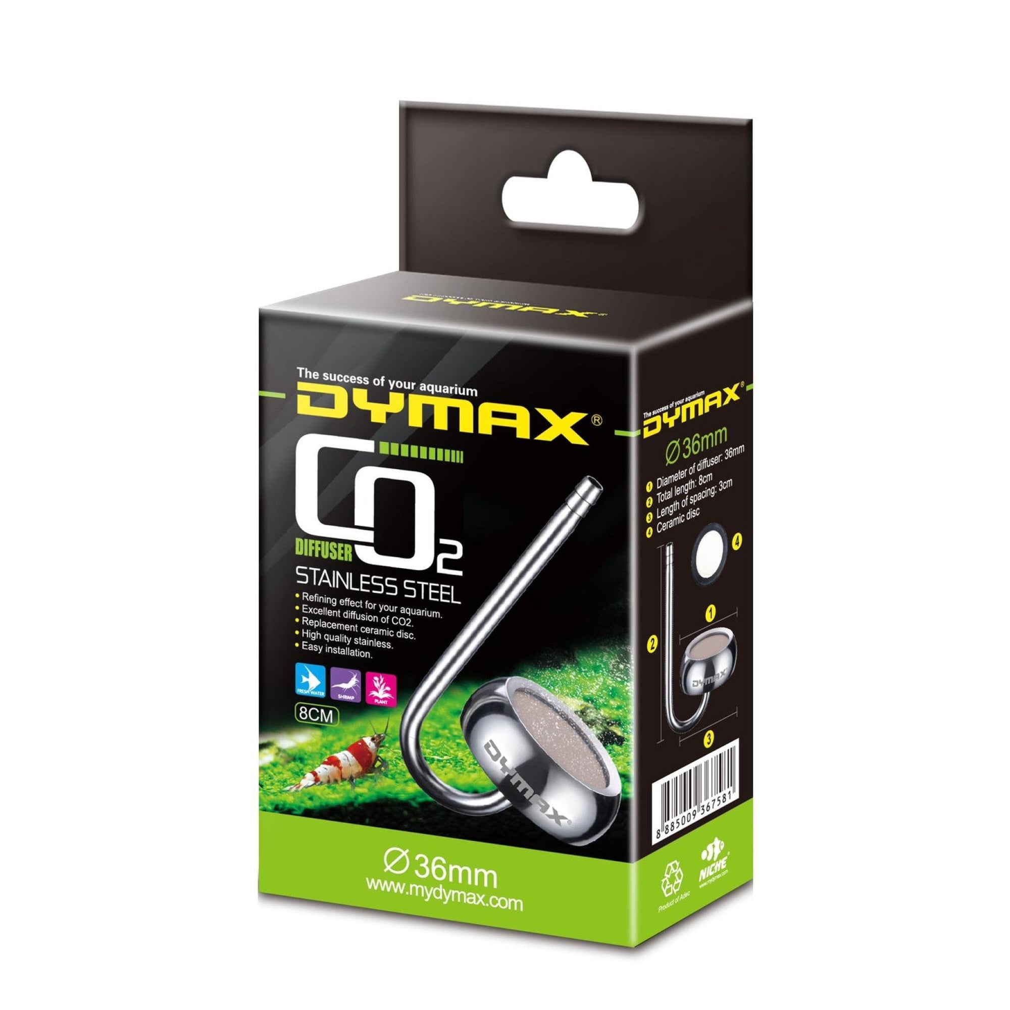 Dymax Stainless Steel CO2 Diffuser Dia. 36 mm Length 8 cm