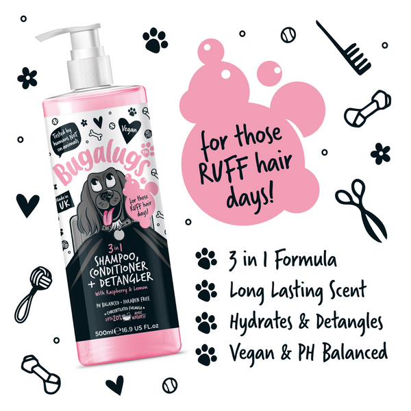 Bugalugs 3 in 1 Raspberry & Lemon Shampoo Conditioner & Detangler for Dogs - 500ML