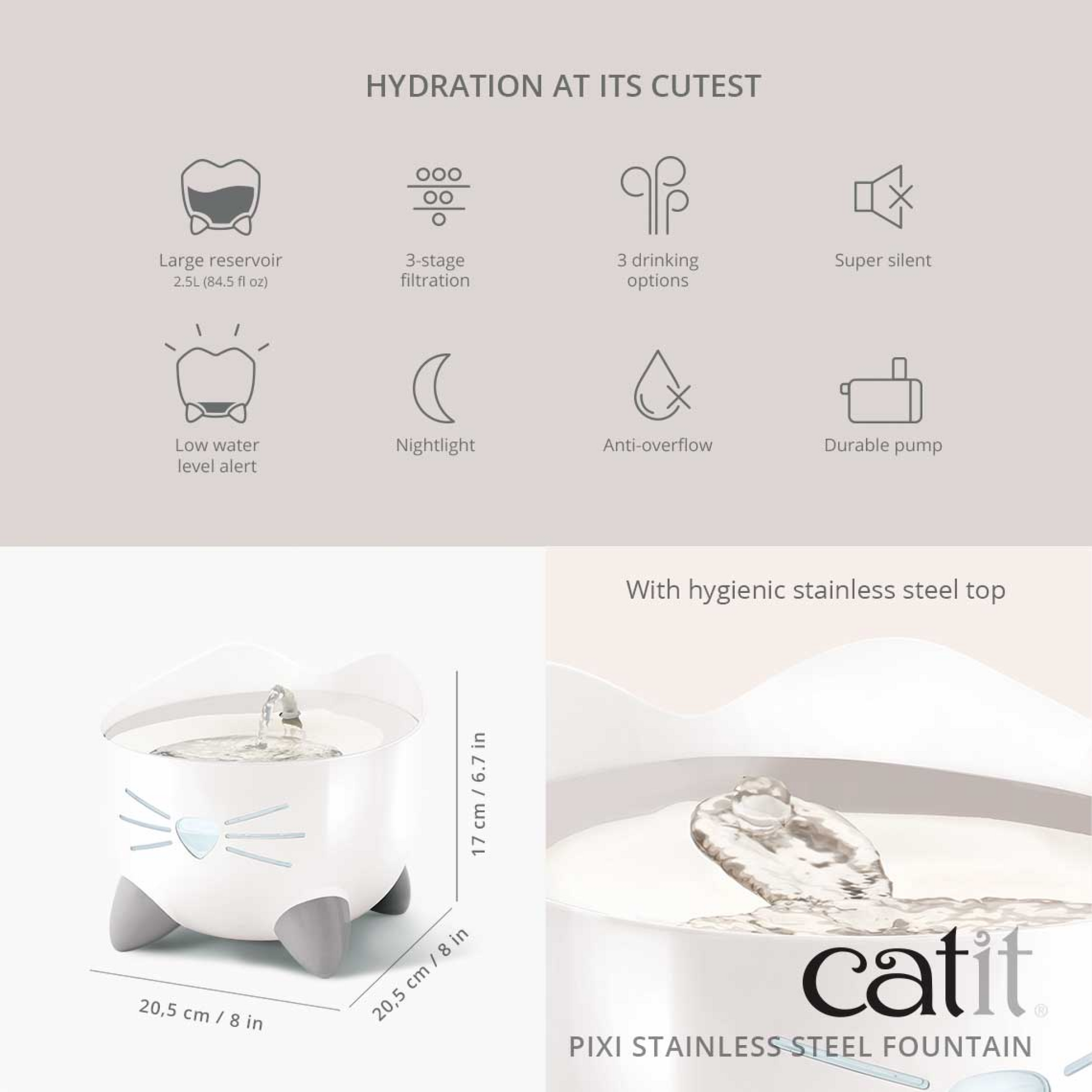 Catit Pixi Stainless Steel Fountain White, 2.5 L