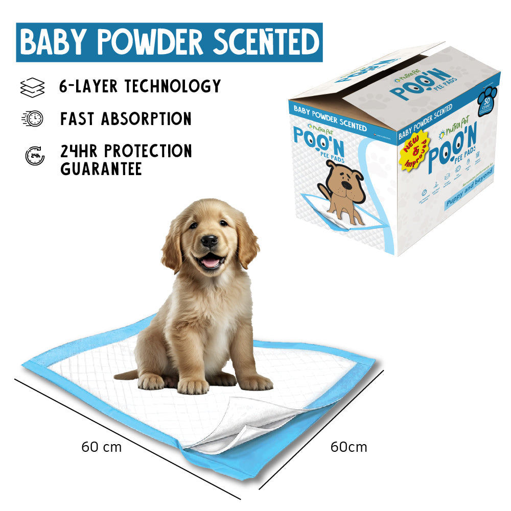 NutraPet Poo N Pee Pads Baby Powder Scented - Fast Absorption With Floor Mat Stickers (60x60cms) - 50 Count puppy pads