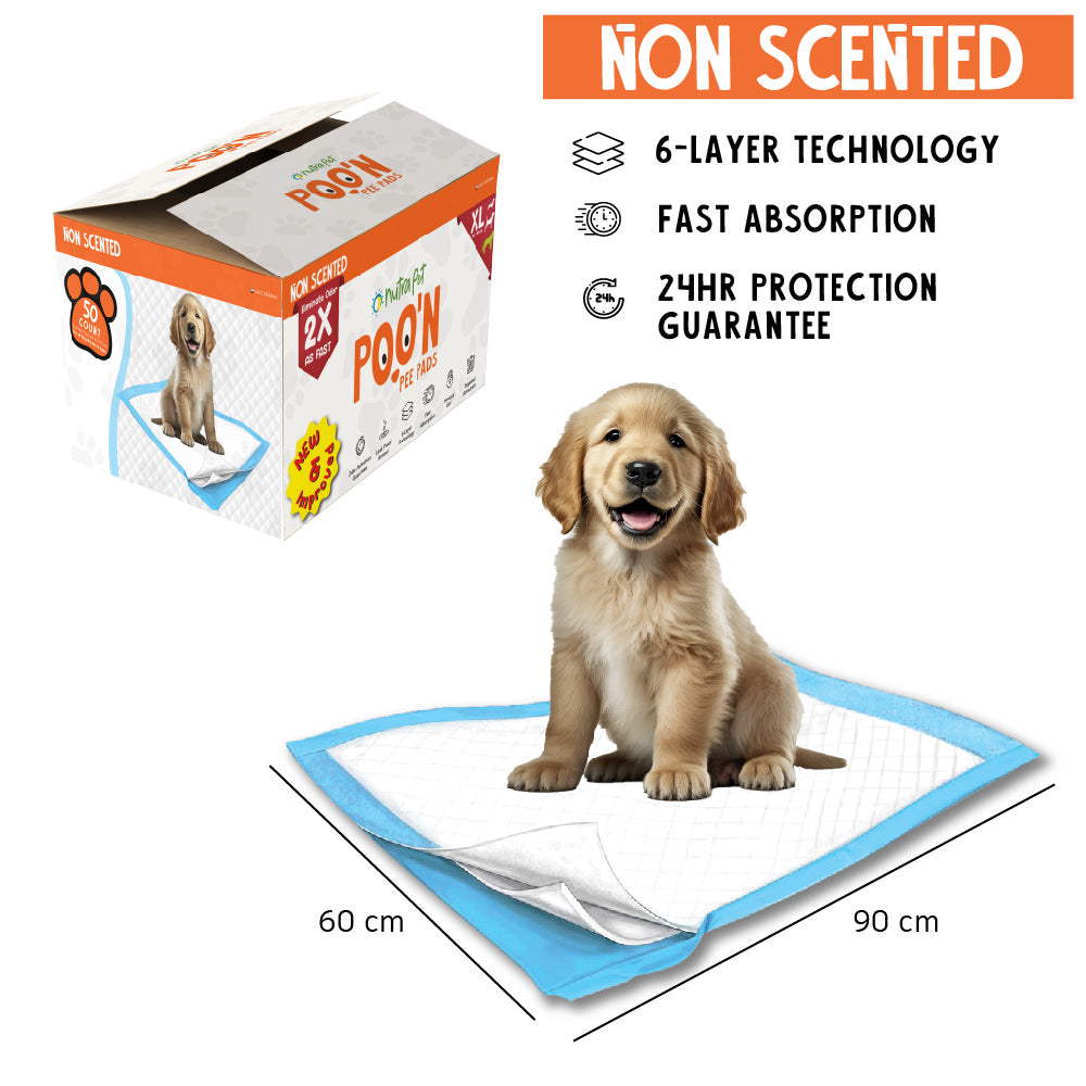 NutraPet Poo N Pee Pads XL Non-Scented - Fast Absorption With Floor Mat Stickers (60x90cms) - 50 Count Puppy Pads
