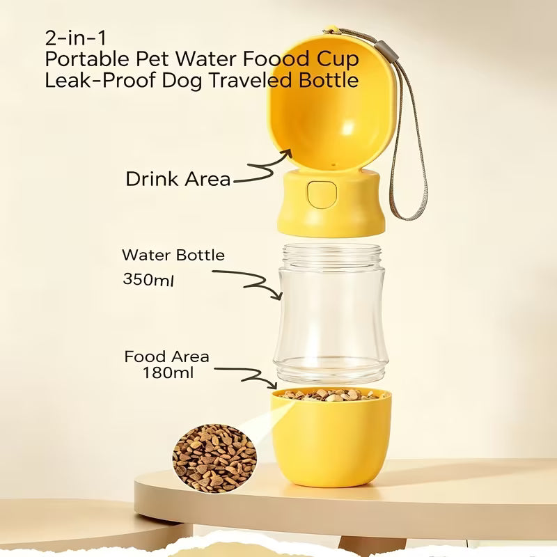 Cozy Paws 2-in-1 Portable Pet Water &amp; Food Cup – 350 ml, Yellow
