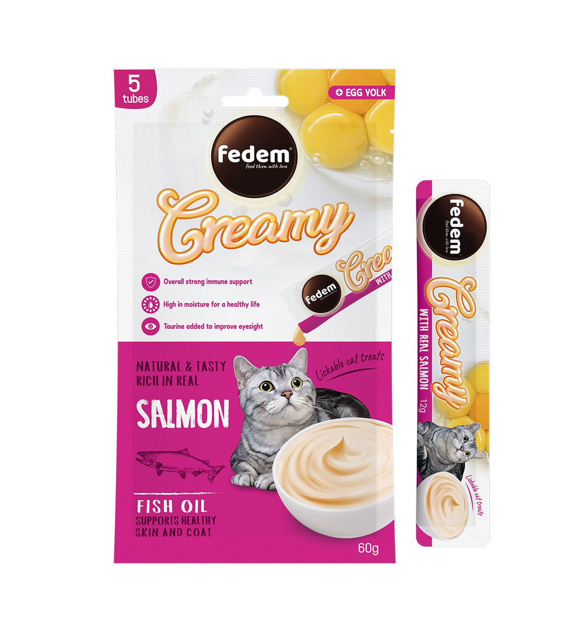 Fedem Cat Creamy Treats – Salmon Flavour with Egg Yolk 60gx5 pcs (box contain 12pcs)