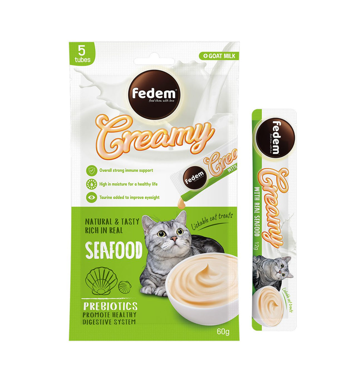 Fedem Cat Creamy Treats – Seafood Flavour with Goat Milk 60gx5pcs (box contain 12pcs)