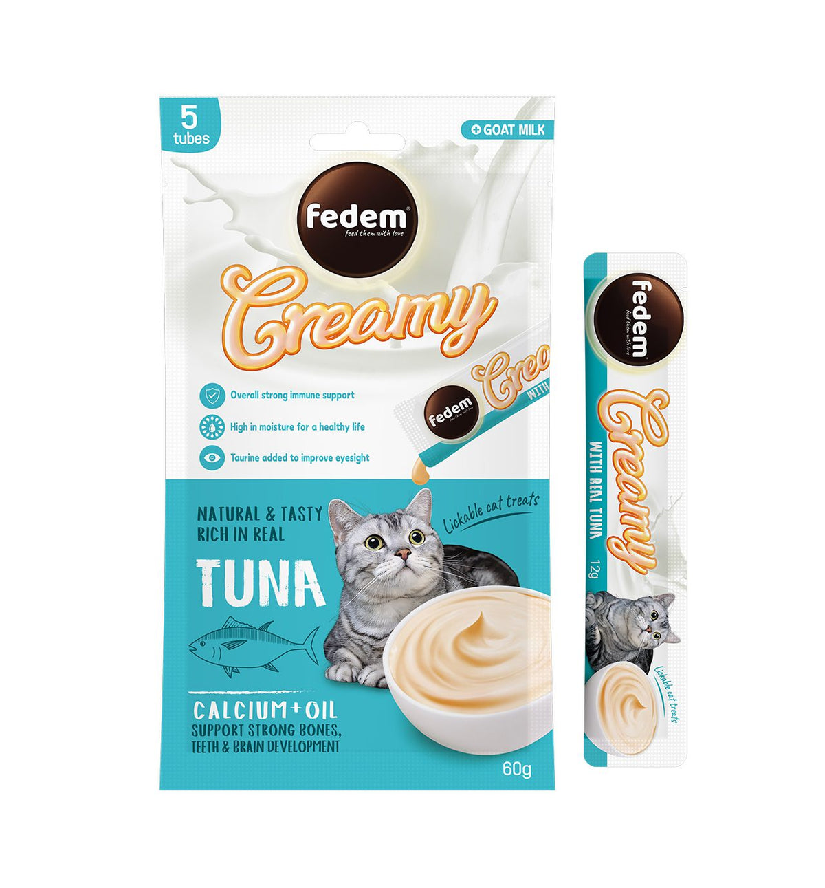 Fedem Cat Creamy Treats – Tuna Flavour with Goat Milk 60gx5pcs (box contain 12pcs)