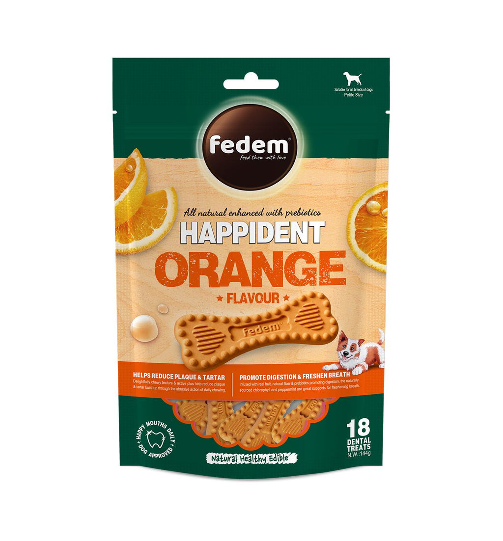Fedem Happident Petite Dog Treats – Orange Flavour 144g(18pcs)