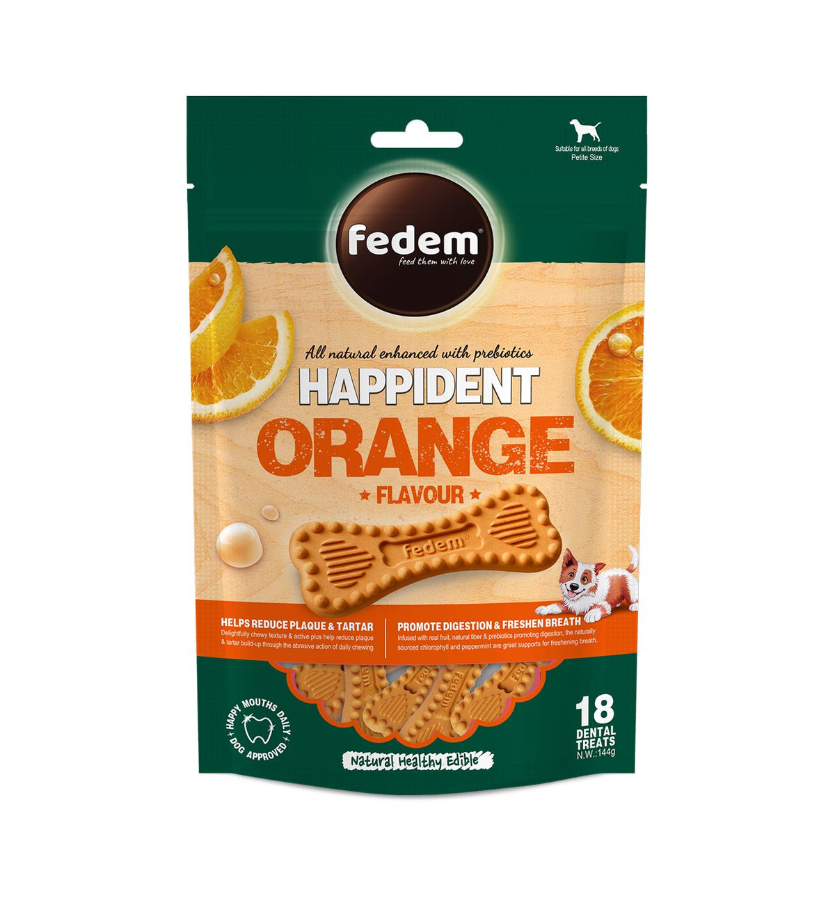 Fedem Happident Petite Dog Treats – Orange Flavour 144g(18pcs)