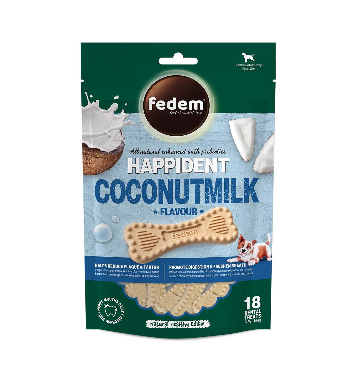 Fedem Happident Petite Dog Treats – Coconut Milk Flavour 144g(18pcs)