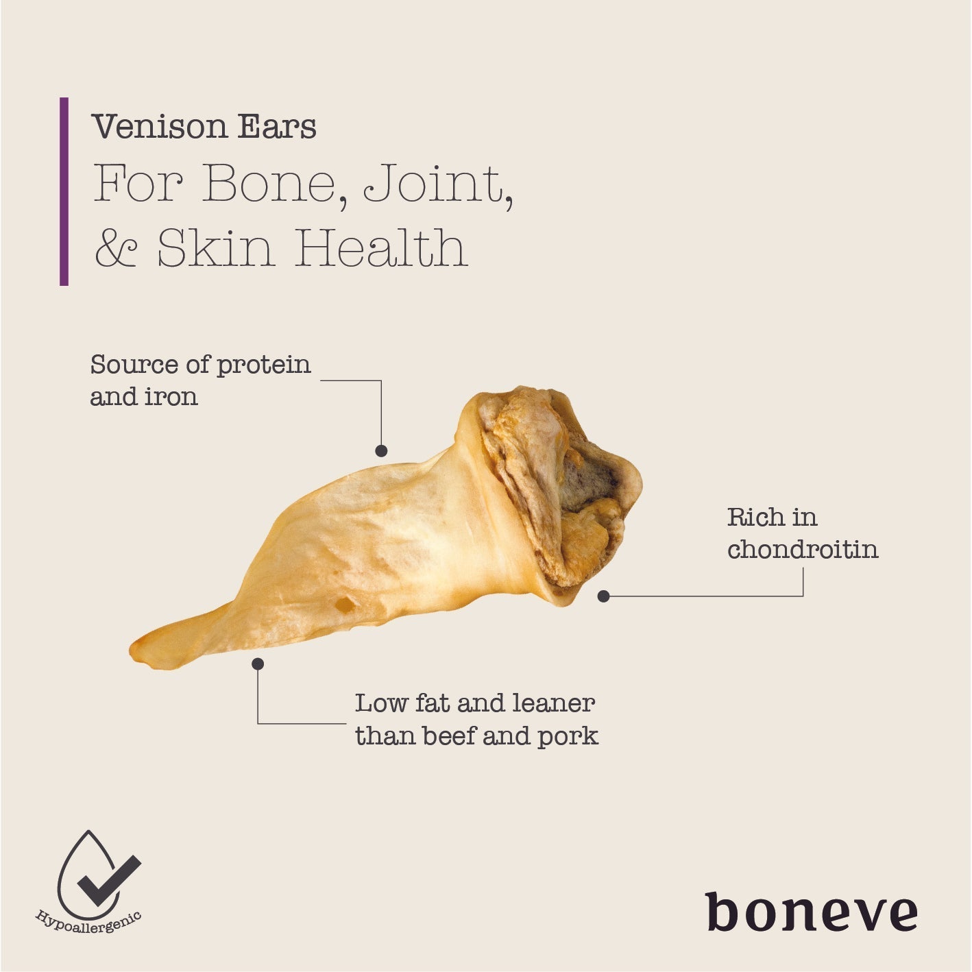 Boneve Air-Dried Free-Range Grass-Fed Venison Ear Dog Treat - 70G