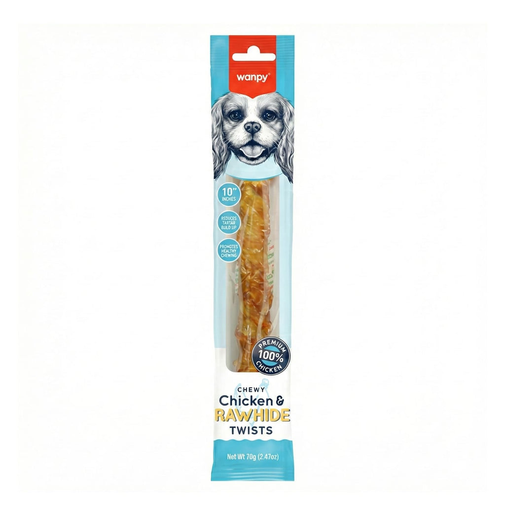 Wanpy Chewy 10″ Chicken Jerky & Rawhide Twists 70g