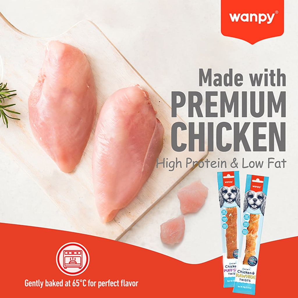 Wanpy Chewy 10″ Chicken Jerky & Rawhide Twists 70g