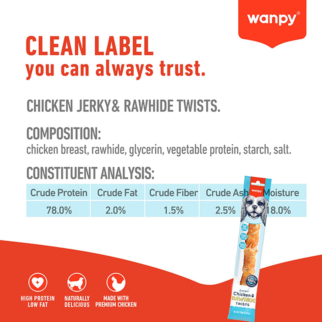 Wanpy Chewy 10″ Chicken Jerky & Rawhide Twists 70g