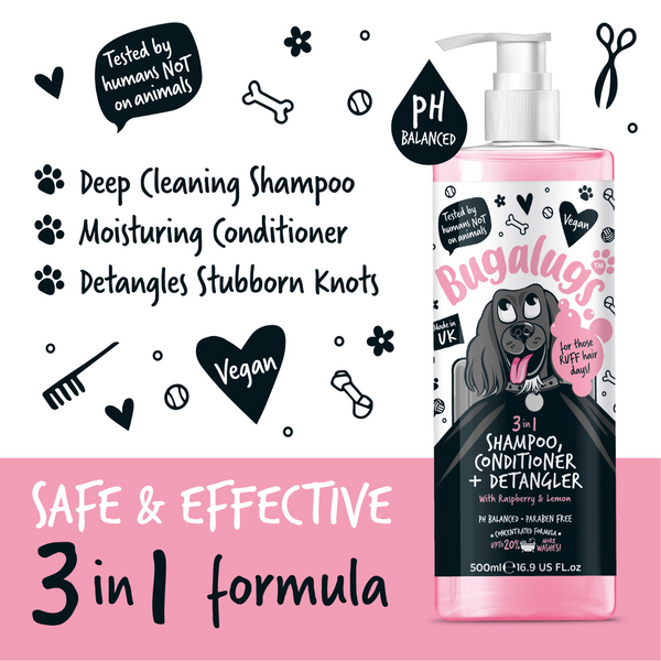 Bugalugs 3 in 1 Raspberry & Lemon Shampoo Conditioner & Detangler for Dogs - 500ML