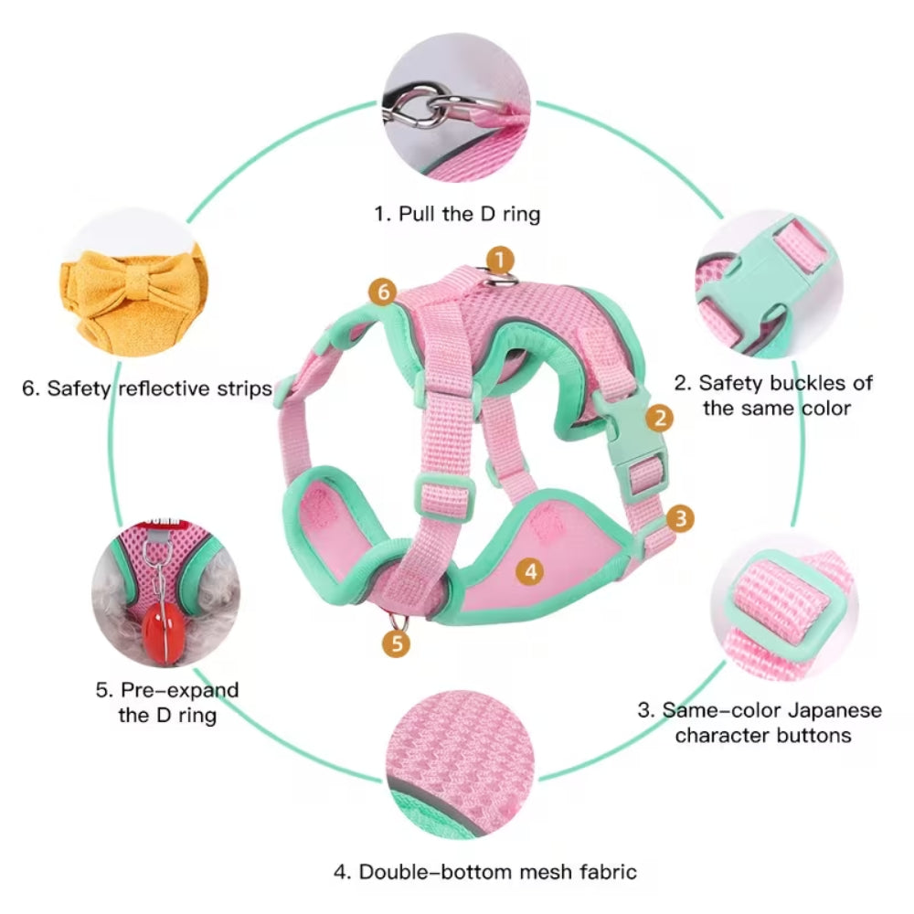 Pet Vest Harness With Leash- Pink Small ( 24-32cm Neck)